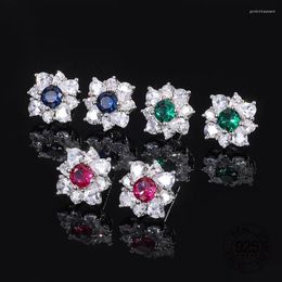 Stud Earrings Simple CZ Jewellery Red Ruby Blue Sapphire Green Cubic Zircon 925 Sterling Silver For Women