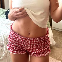 Women's Shorts Japanese Style Red Plaid Kawaii Girls Home Casual Summer Elastic Waist Bottom Fashion Retro 90s Ruffle Sleep Short