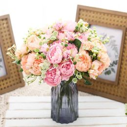 Dried Flowers 30cm Pink Silk Peony Artificial Flower Bride Bouquet 6 Big Head Fake Flowers DIY High Quality For Wedding Home Indoor Decoration