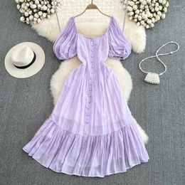 Casual Dresses Chic Square Collar Dress Beach Vacation Slim Puff Sleeve Women Korean Fashion Summer A-line Vintage