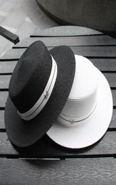 Wide Brim Hats 2021 M Letter Flat Top Straw Hat Ribbon Boater Beach Women039s Summer Fedora Panama Travel Sun Cap1541255