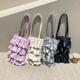 Drawstring Lady Luxury PU Bucket Bags Party Handbag Large Capacity Tote Unique Design Lace Folded Pleated Underarm Bag