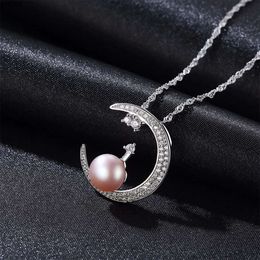 Romantic Micro Set Zircon Moon Freshwater Pearl Pendant Necklace Noble Taste Women Silver Sexy Collar Chain Luxury Jewellery Gift Wholesale B369