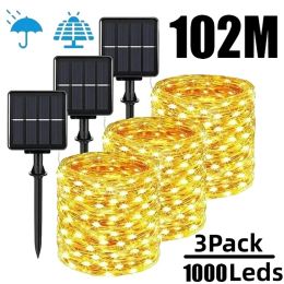 Decorations 1000 LED Solar String Lights Outdoor 3 Pack ExtraLong Waterproof Copper Wire 8 Modes Fairy Lights for Garden Xmas Wedding Decor