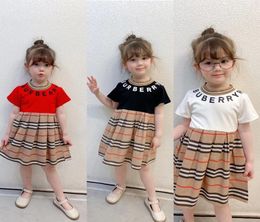 Designer Girls Letter Plaid dresses 2021 Newest Children Stripe Short Sleeve Dress Kids lattice pleated dress A51544560538