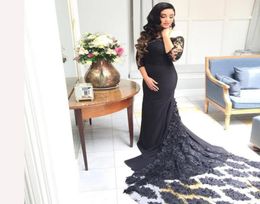 Elegant OfftheShoulder Black Mermaid Prom Dresses with Long Flowers Tail 34 Long Sleeve Lace Top Formal Party Gown Zipper Back6209282