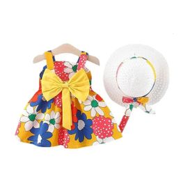 2pcs Summer Sleeveless Baby Dress Bow Flowers Toddler DressesSunhat Beach Princess Dress born Girls Clothing 240412