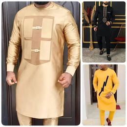 2024 Mens Elegant Long Sleeve Suit Shirt Pants 2-piece Round Neck Stitching Solid Colour Party Long Sleeve African Ethnic Style 240423