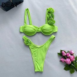 Women's Swimwear 2024 Bikini Solid Steel Bracelet 3D Flower Split Fashion Clothes Female Trendy 11XX9086