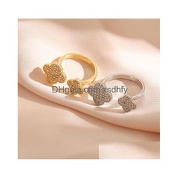 Band Rings Designer 4/ Four Leaf Clover Women Inlay Diamond 18K Gold Plated Open Copper Finger Love Wedding Jewellery Supplies Drop De Dhbbz