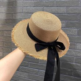 Wide Brim Hats Bucket Hats 2024 Womens Summer Outdoor Versatile Fur Brimmed St Hat Flat Sun Hat Small Fresh Bow Beach Hat Trend J240429