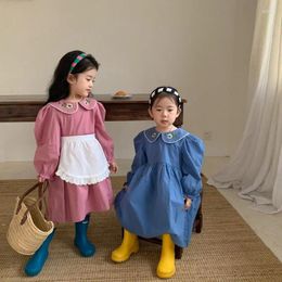 Girl Dresses 2024 Girls Spring One Piece Dress Lace Doll Collar Bishop Sleeve Soft Flower Fashion Outdoor Sweet Lovely