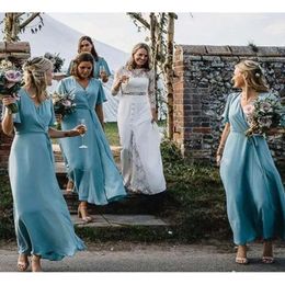 Blau Chiffon Boho 2021 kurze Kleider Brautjungfernärmel Ankle Länge V Hals Gepflegt.