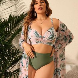 New Large Three Piece Mesh Shawl Cover Up with Split Print Bikini Swimsuit