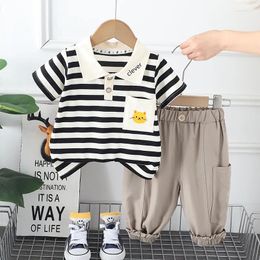 Clothing Sets Toddler Boy Summer Outfit 2024 Korean Fashion Cartoon Striped Printed Short Sleeve T-shirts Tops And Shorts Kids Boys