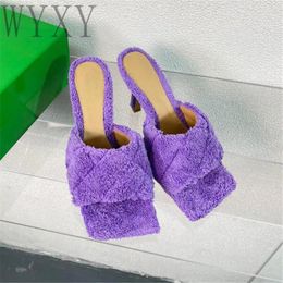 Slippers Spring Autumn Square Toe Open Long Plush High Heel Slipper Woman Thin Fashion Sexy Party Dress Shoes For Women 2024