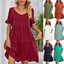 Basic Casual Dresses Women Solid Dress V-neck Dress Butterfly Slve Edible Tr Fungus Design Casual Strt Swt Style Dress Women Waist Dress Y240429