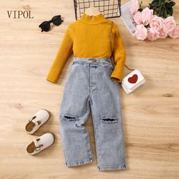 Clothing Sets VIPOL Girls Children's Set Turtleneck Ribbed Shirts High Waisted Hole Jeans Two Piece Kids Clothes For 2 3 4 5 6 Year Toddlers