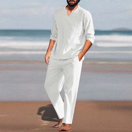Summer 2Pcs/set Mens Cotton Linen Blend Sets Long Sleeve V-neck T Shirts Pants Set Casual Men Beach Clothes Set 240422