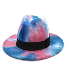 Fashion New Men Women Tiedyed Felt Jazz Fedora Hat with Black Ribbon Band Wide Brim Fascinator Multicolor Panama Party Formal Hat3750664
