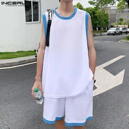 Men's Tracksuits INCERUN 2024 Men Sets Patchwork Streetwear O-neck Sleeveless Tank Tops & Shorts 2PCS Korean Style Loose Summer Casual Suits