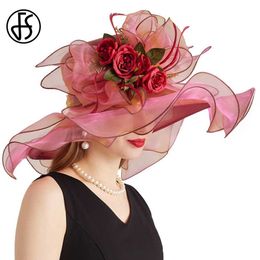 Wide Brim Hats Bucket Hats FS Luxury Fascinator Church Hat With Flower Wide Brim Kentucky Derby Hats For Women Ladies Red Green Sunshade Organza Summer Cap Y240426