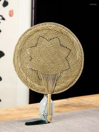 Decorative Figurines Handmade Straw Woven Fan Natural Round Chinese Style Old-fashioned Circular Summer Decor