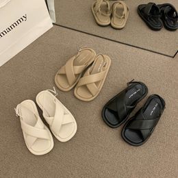 Flat Bottomed Ins Korean Style Sandals for Women's Shoes, 2024 New Summer Soft Sole Casual Niche Design, Roman Shoes Casual Shoes Apricot