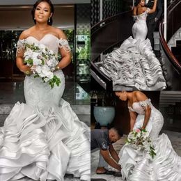 Dresses African Mermaid Bridal Size Wedding Plus Gown Ruffles Off Shoulder Tassle Lace Applique Tulle Sweep Train Custom Made Vestidos