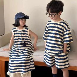 Clothing Sets Summer Children Striped Cotton Siblings Clothes Boys Casual Short Sleeve Set Girls Loose Sundress