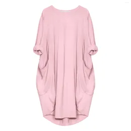 Casual Dresses Soft Pullover Causal Comfortable Round Neck Daily Solid Breathable Long Sleeves Knee Length Women Dress Loose Fit With Pocket