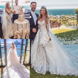 Ärmar sjöjungfru blygsam med 2021 klänningar långt löstagbart kapelltåg plus storlek spetsapplikation kristall bröllop klänning vestido de novia