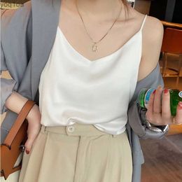 Women's Tanks Camis Womens suspender V-neck basic white black sleeveless satin tube vest Womens summer Y2K vestL240429