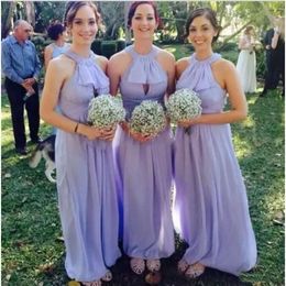 Chiffon 2021 Bridesmaid Keyhole Lilac Dresses Halter Neck Ruflles Floor Length Custom Made Maid Of Honor Gown Garden Wedding Party Vestidos