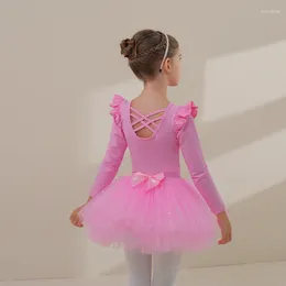 Stage Wear Figure Skating Dress Jumpsuit Costumes Girls Cotton Long Sleeve Leotard Ruffle Tutu Skirt 4 Layers Fluffy Sparkle Princess Suit