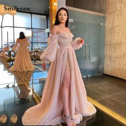 Party Dresses Smileven Shiny Pink Glitter Tulle Prom Off The Shoulder Evening Gowns Puff Sleeve Side Split Corset