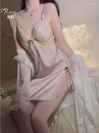 Casual Dresses Sweet Lace Satin Sexy Strap Split With Chest Cushion Dress Elegant Robe Fashion Korean Women 2024 WKU4
