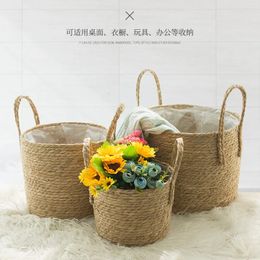 Handmade Woven Planter Basket Laundry Storage Decorative Straw Wicker Rattan Seagrass Garden Flower Pot 240415