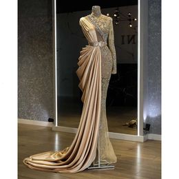 Gold Arabic Aso Luxurious Ebi Mermaid Evening Pärled Crystals Prom Dresses High Neck Formal Party Second Reception GOWNS ZJ366