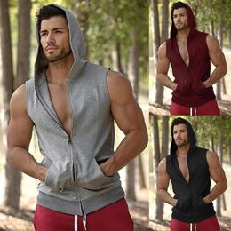Brand Gyms Hooded Double Zipper Tank Tops Men Bodybuilding Cotton Sleeveless Vest Sweatshirt Fitness Workout Sportswear Top Male 240426