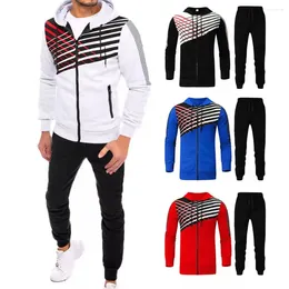 Men's Tracksuits Regular Fit Men Tracksuit Long-sleeved Jacket Pants Set Stylish Hooded With Striped Color For Comfortable