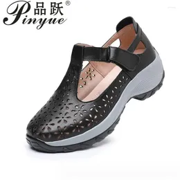 Dress Shoes 4cm Summer Genuine Leather Hollow Woman Sandals Casual Mother Wedges Soft Sole Comfortable Sneakers Non-slip 35 40