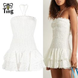 Tingfly Women Summer Strapless Slim Fit Casual Mini Short Dresses Embroidery Hollow Out Ruffles Hem Cute Streetwear Dress 240416