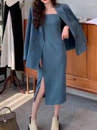 Work Dresses Women Summer Business Elegant Blazer Dress Suit Casual Jacket Spaghetti Strap Midi Vestidos Two Pieces Set Femme Fashion