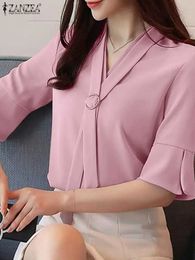 Women's Blouses Shirts ZANZEA Fashion Solid Colour Tops Woman Half Slve V-Neck Blouse Casual Party Blusas Mujer Elegant OL Work Shirt Oversized 2024 Y240426