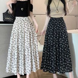 Skirts Korean fashion floral print leather womens 2023 summer new elegant black long leather womens A-line dress beach Holdiay Faldas MujerL2429