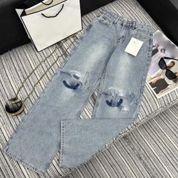 Designer women's jeans Early spring new casual original style distressed and distressed letter embroidery loose straight leg jeans