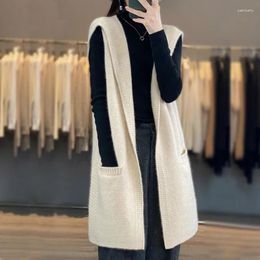 Women's Knits Woman's Sweater Autumn Winter Thick Long Coat Female Cardigan Sleeveless Hooded Jacket Jumper Wool Knitted Top CY234