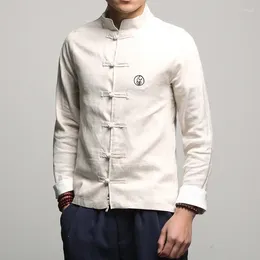 Men's Casual Shirts 2024 Spring/Summer Chinese Style Cotton Linen Embroidery Hanfu Button Long Sleeve Shirt