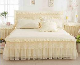 Beige Princess Lace Bedspread Bed Skirt 3pcsset Ruffles bedding Bed sheet Cotton Pillowcase Home Decorative TwinQueenKing Size6539278